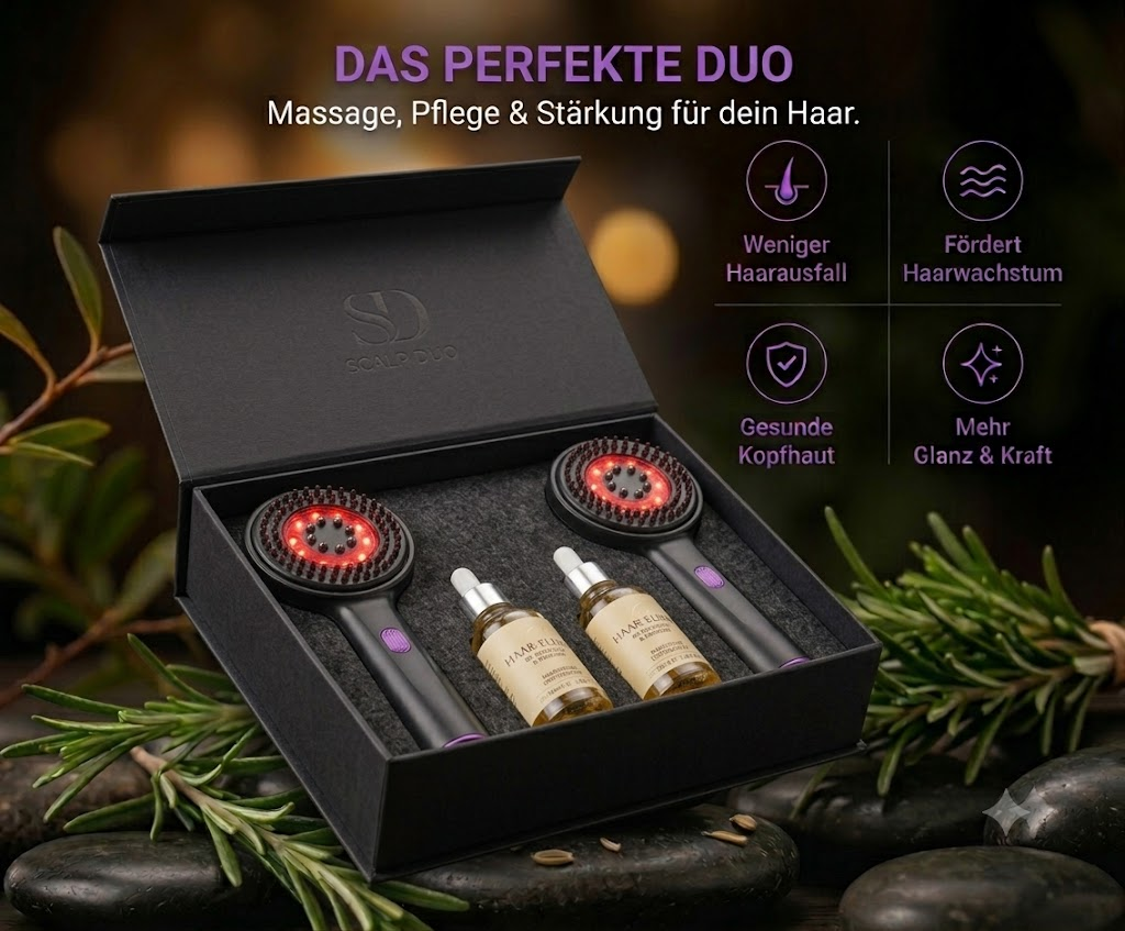 Geschenkset - 2 Kopfhautmassagegeräte + 2 Rosmarin Haarpflegeöle